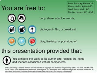 3 3
You are free to:
copy, share, adapt, or re-mix;
photograph, film, or broadcast;
blog, live-blog, or post video of
this...