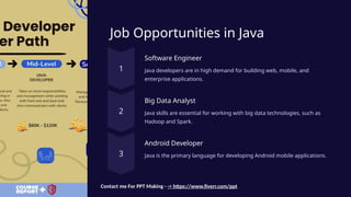 Job Opportunities in Java
Software Engineer
Java developers are in high demand for building web, mobile, and
enterprise applications.
Big Data Analyst
Java skills are essential for working with big data technologies, such as
Hadoop and Spark.
Android Developer
Java is the primary language for developing Android mobile applications.
Contact me For PPT Making - -> https://www.fiverr.com/ppt
 