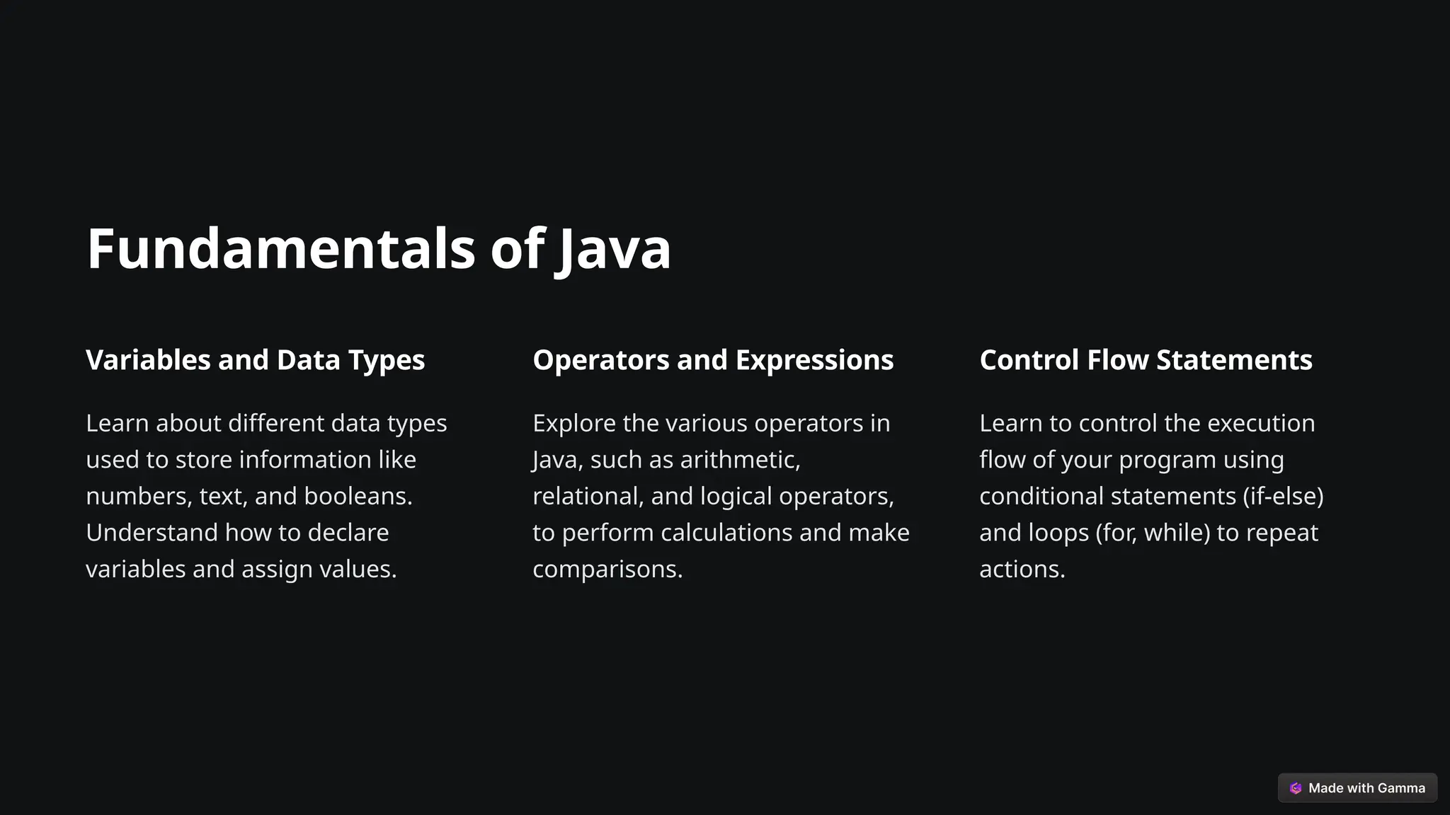 Fundamentals of Java
Variables and Data Types
Learn about different data types
used to store information like
numbers, text, and booleans.
Understand how to declare
variables and assign values.
Operators and Expressions
Explore the various operators in
Java, such as arithmetic,
relational, and logical operators,
to perform calculations and make
comparisons.
Control Flow Statements
Learn to control the execution
flow of your program using
conditional statements (if-else)
and loops (for, while) to repeat
actions.
 