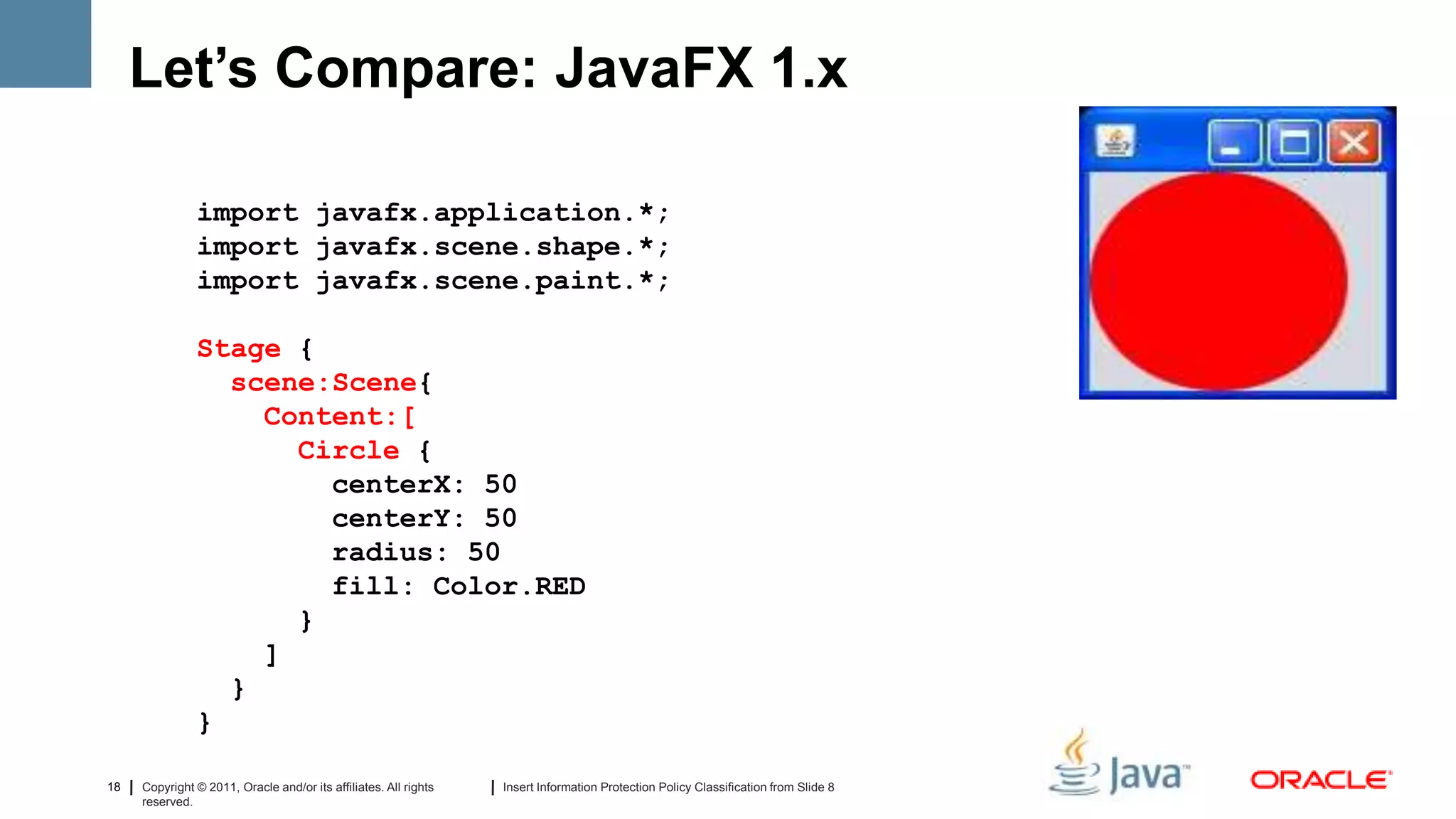Let’s Compare: JavaFX 1.x

               import javafx.application.*;
               import javafx.scene.shape.*;
               import javafx.scene.paint.*;

               Stage {
                 scene:Scene{
                   Content:[
                     Circle {
                       centerX: 50
                       centerY: 50
                       radius: 50
                       fill: Color.RED
                     }
                   ]
                 }
               }

18   Copyright © 2011, Oracle and/or its affiliates. All rights   Insert Information Protection Policy Classification from Slide 8
     reserved.
 