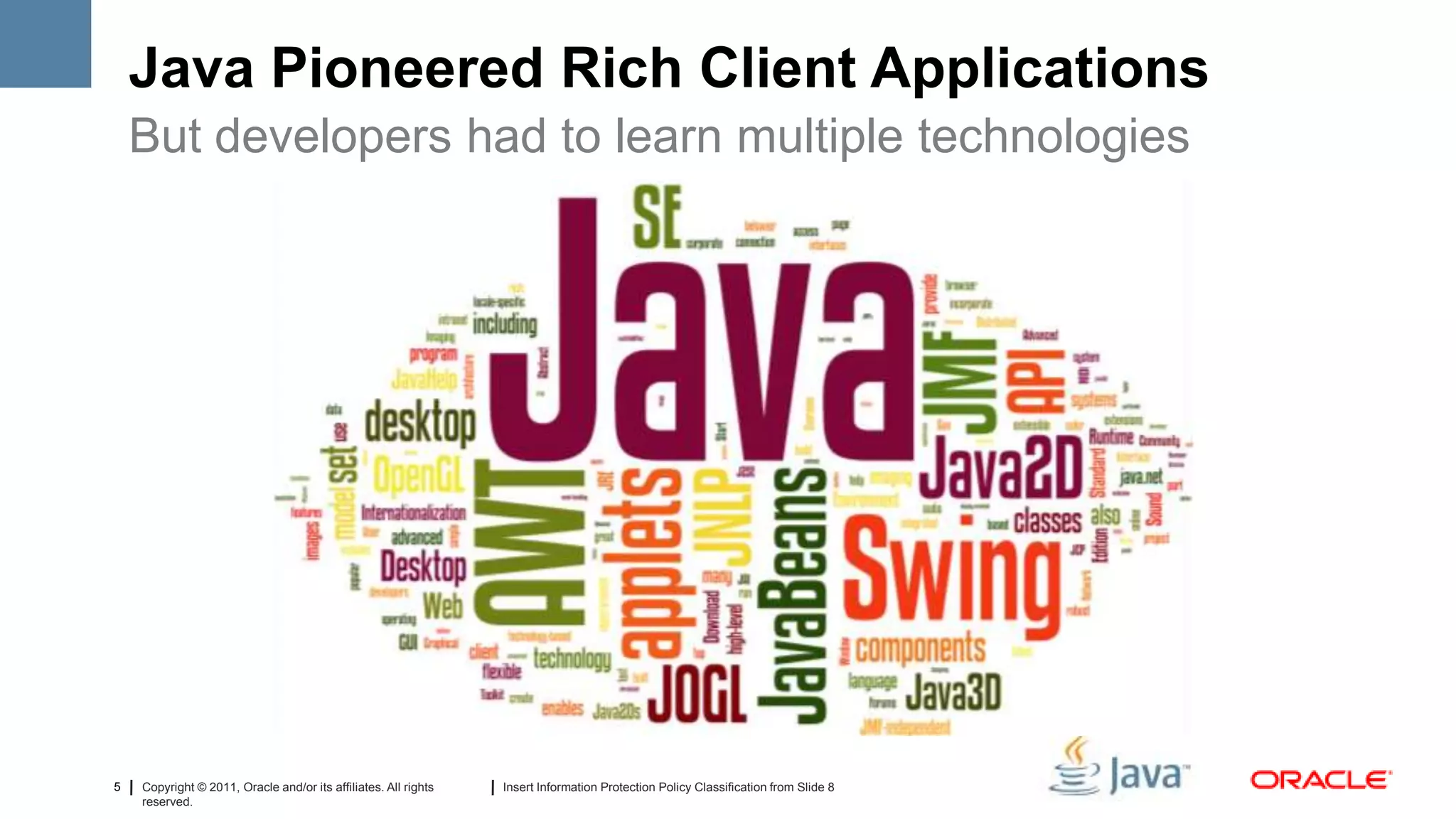 Java Pioneered Rich Client Applications
    But developers had to learn multiple technologies




5   Copyright © 2011, Oracle and/or its affiliates. All rights   Insert Information Protection Policy Classification from Slide 8
    reserved.
 