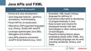Java APIs and FXML
                          Java APIs for JavaFX                                                                                       FXML

 • End-to-end Java development                                                                                      • Scriptable, XML-based markup
 • Java language features - generics,                                                                                 language for defining UI
   annotations, multi-threading                                                                                     • Convenient alternative to developing
                                                                                                                      UI programmatically in Java
 • Fluent API for UI construction
                                                                                                                    • Easy to learn and intuitive for
 • Alternative JVM supported languages                                                                                developers familiar with web
   (e.g. Groovy, Scala) with JavaFX                                                                                   technologies or other markup based
 • Leverage sophisticated Java IDEs,                                                                                  UI technologies
   debuggers and profilers                                                                                          • Powerful scripting feature allows
 • Java APIs preserve convenient                                                                                      embedding scripts within FXML. Any
   JavaFX Script features (e.g., bind)                                                                                JVM scripting language can be used,
                                                                                                                      including JavaScript, Groovy, and
                                                                                                                      Scala
10   Copyright © 2011, Oracle and/or its affiliates. All rights   Insert Information Protection Policy Classification from Slide 8
     reserved.
 