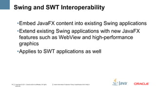 Swing and SWT Interoperability

        •Embed JavaFX content into existing Swing applications
        •Extend existing Swing applications with new JavaFX
         features such as WebView and high-performance
         graphics
        •Applies to SWT applications as well




14   Copyright © 2011, Oracle and/or its affiliates. All rights   Insert Information Protection Policy Classification from Slide 8
     reserved.
 