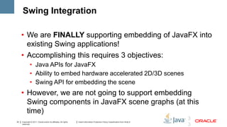 Swing Integration

     • We are FINALLY supporting embedding of JavaFX into
       existing Swing applications!
     • Accomplishing this requires 3 objectives:
              • Java APIs for JavaFX
              • Ability to embed hardware accelerated 2D/3D scenes
              • Swing API for embedding the scene
     • However, we are not going to support embedding
       Swing components in JavaFX scene graphs (at this
       time)
                                                                                                                                     3
33   Copyright © 2011, Oracle and/or its affiliates. All rights   Insert Information Protection Policy Classification from Slide 8
     reserved.
                                                                                                                                     3
 