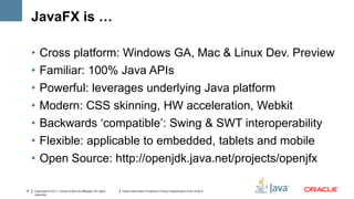 JavaFX is …

     •   Cross platform: Windows GA, Mac & Linux Dev. Preview
     •   Familiar: 100% Java APIs
     •   Powerful: leverages underlying Java platform
     •   Modern: CSS skinning, HW acceleration, Webkit
     •   Backwards ‘compatible’: Swing & SWT interoperability
     •   Flexible: applicable to embedded, tablets and mobile
     •   Open Source: http://openjdk.java.net/projects/openjfx

37   Copyright © 2011, Oracle and/or its affiliates. All rights   Insert Information Protection Policy Classification from Slide 8
     reserved.
 