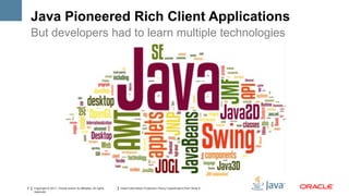 Java Pioneered Rich Client Applications
    But developers had to learn multiple technologies




5   Copyright © 2011, Oracle and/or its affiliates. All rights   Insert Information Protection Policy Classification from Slide 8
    reserved.
 