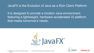 JavaFX is the Evolution of Java as a Rich Client Platform.

It is designed to provide a modern Java environment
featuring a lightweight, hardware accelerated UI platform
that meets tomorrow’s needs.




7   Copyright © 2011, Oracle and/or its affiliates. All rights   Insert Information Protection Policy Classification from Slide 8
    reserved.
 