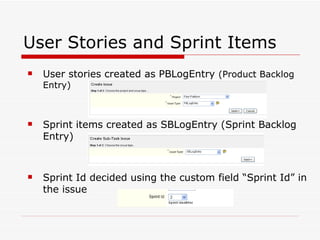 User Stories and Sprint Items User stories created as PBLogEntry  (Product Backlog Entry) Sprint items created as SBLogEntry (Sprint Backlog Entry) Sprint Id decided using the custom field “Sprint Id” in the issue 