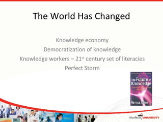 The World Has Changed Knowledge economy Democratization of knowledge Knowledge workers – 21 st  century set of literacies Perfect Storm 