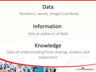 Data Numbers, words, images (symbols) Information  Sets or patterns of data Knowledge Gain of understanding from sharing, analysis and experience 