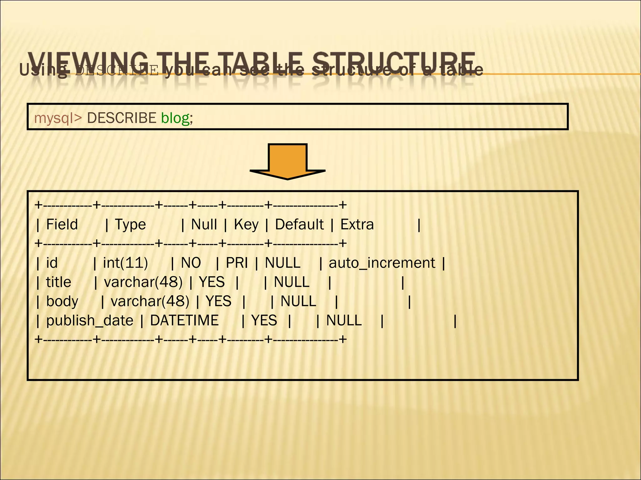 Using  DESCRIBE  you can see the structure of a table mysql>   DESCRIBE   blog ; +------------+-------------+------+-----+---------+----------------+ | Field  | Type  | Null | Key | Default | Extra  | +------------+-------------+------+-----+---------+----------------+ | id  | int(11)  | NO  | PRI | NULL  | auto_increment | | title  | varchar(48) | YES  |  | NULL  |  | | body  | varchar(48) | YES  |  | NULL  |  | | publish_date | DATETIME  | YES  |  | NULL  |  | +------------+-------------+------+-----+---------+----------------+ 