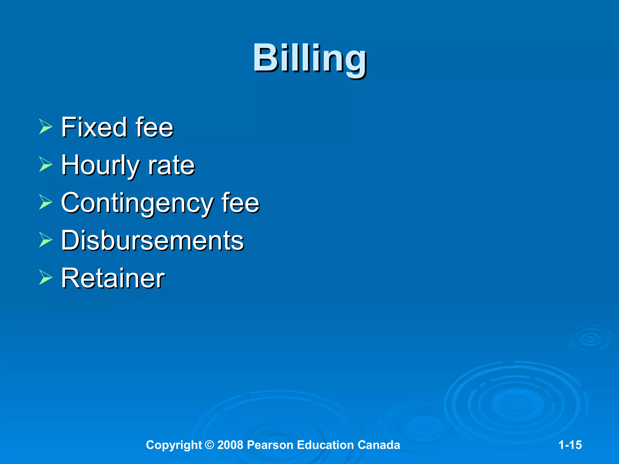 Billing Fixed fee Hourly rate Contingency fee Disbursements Retainer 