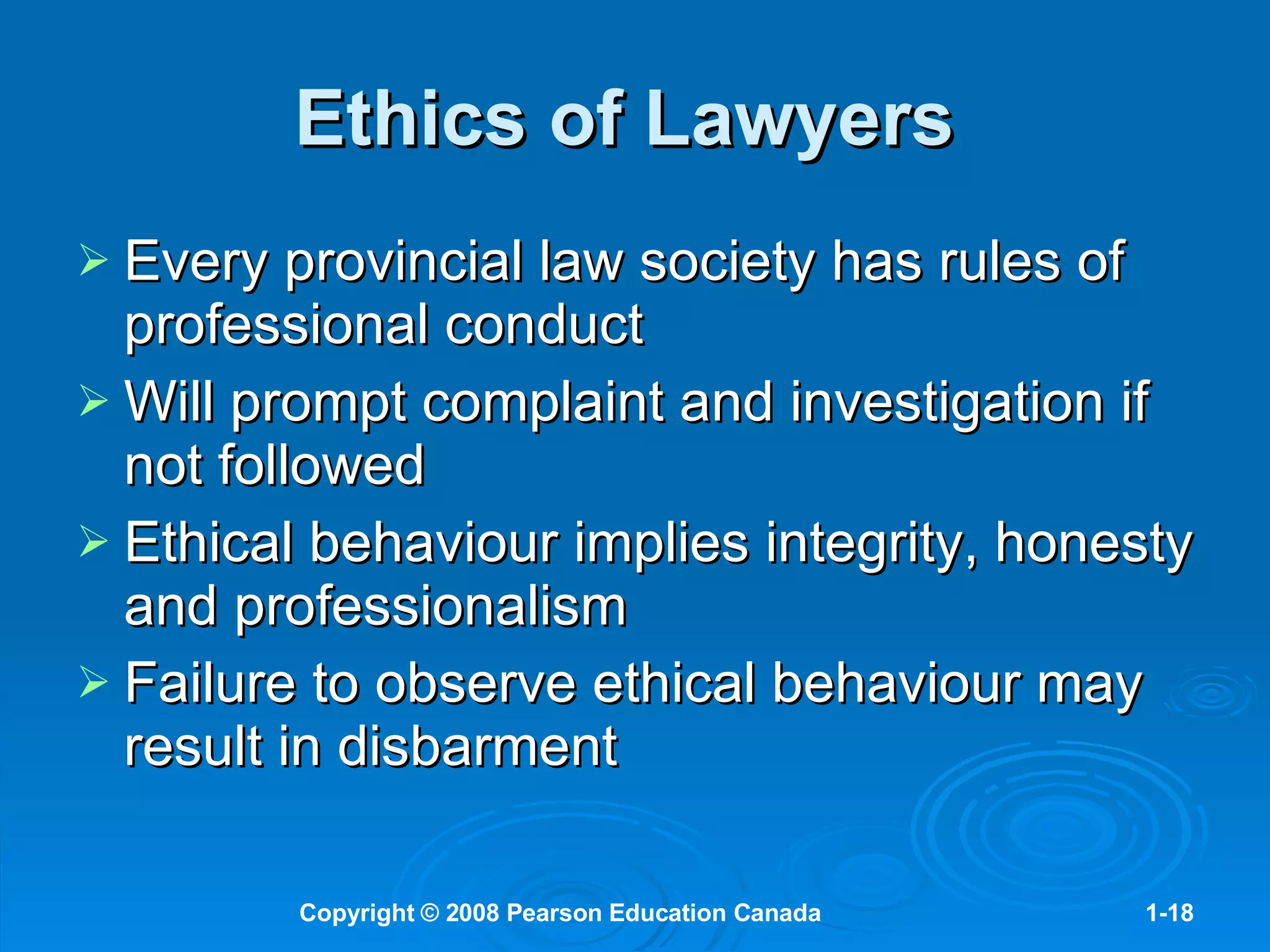 Ethics of Lawyers   Every provincial law society has rules of professional conduct Will prompt complaint and investigation   if not followed Ethical behaviour implies integrity, honesty and professionalism Failure to observe ethical behaviour may result in disbarment 