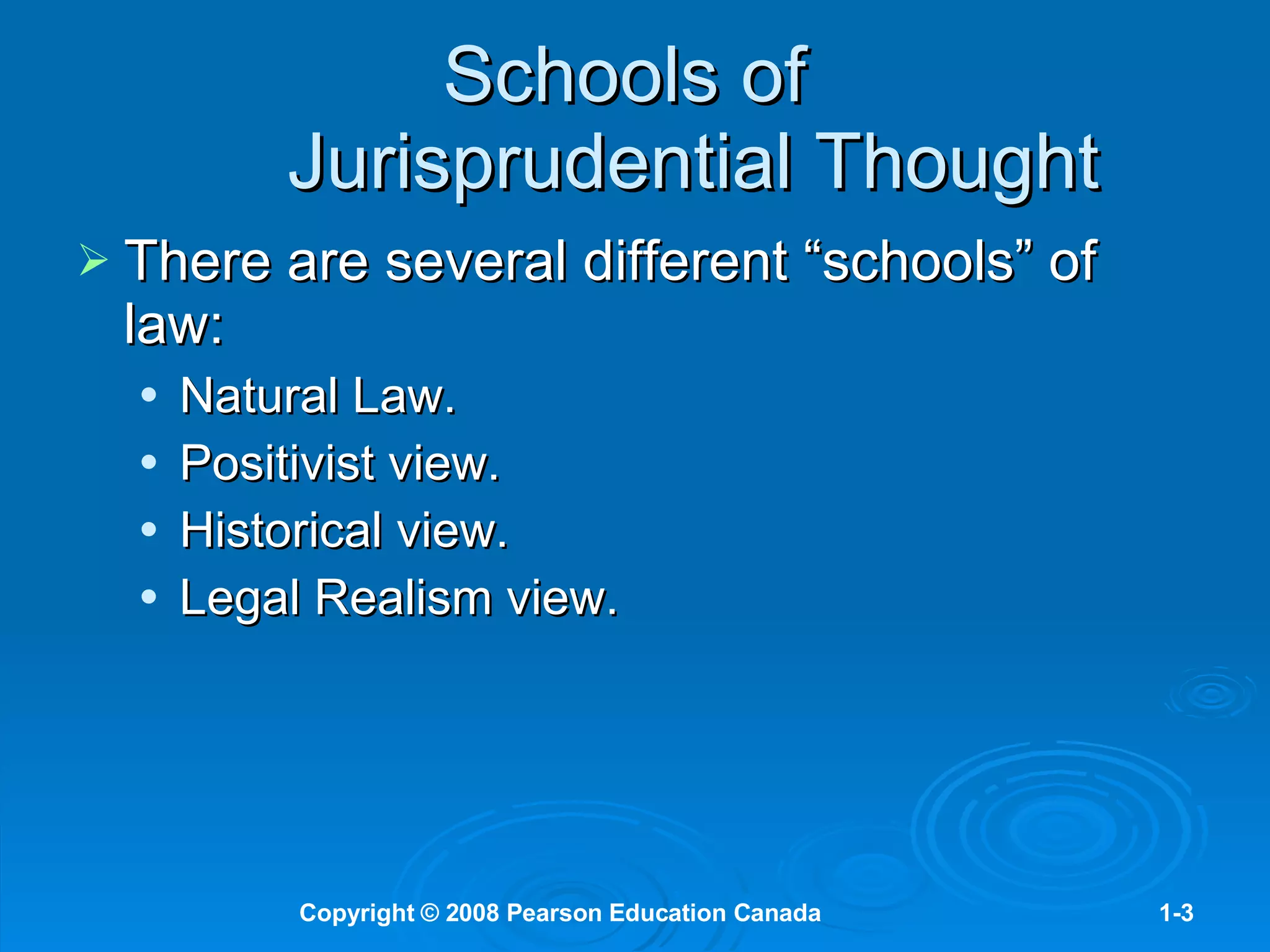 Schools of  Jurisprudential Thought There are several different “schools” of law: Natural Law.  Positivist view. Historical view. Legal Realism view. 