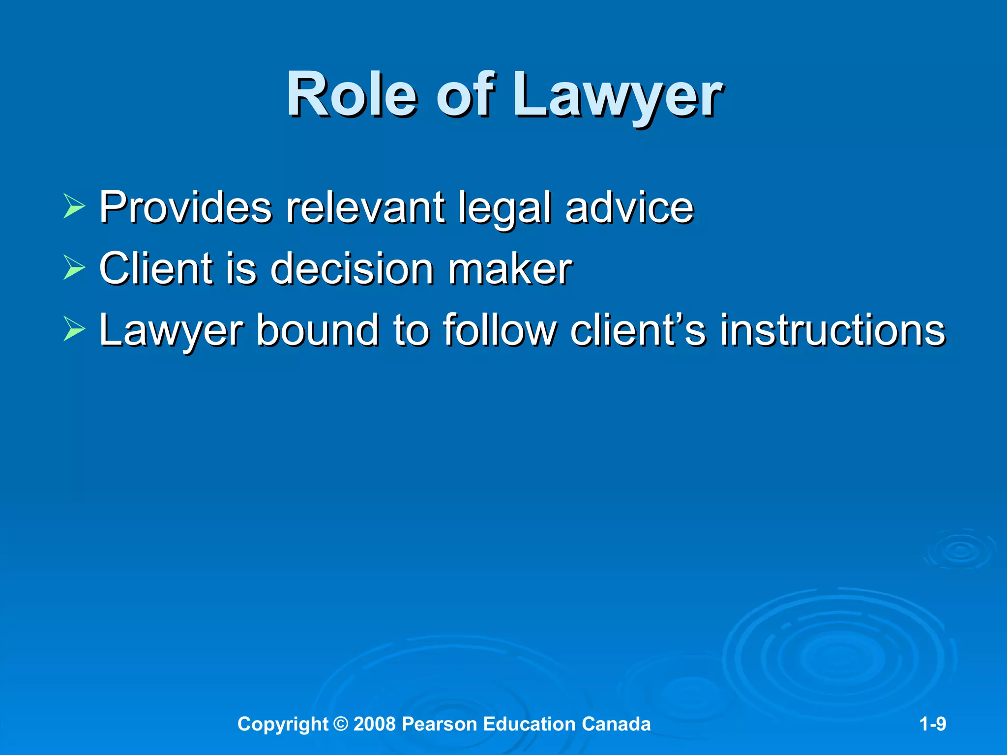 Role of Lawyer Provides relevant legal advice Client is decision maker Lawyer bound to follow client’s instructions 