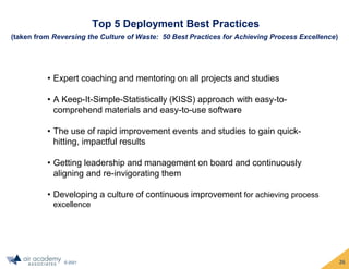 © 2021
Top 5 Deployment Best Practices
(taken from Reversing the Culture of Waste: 50 Best Practices for Achieving Process Excellence)
• Expert coaching and mentoring on all projects and studies
• A Keep-It-Simple-Statistically (KISS) approach with easy-to-
comprehend materials and easy-to-use software
• The use of rapid improvement events and studies to gain quick-
hitting, impactful results
• Getting leadership and management on board and continuously
aligning and re-invigorating them
• Developing a culture of continuous improvement for achieving process
excellence
26
 