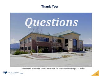 © 2021
Thank You
Questions
Air Academy Associates, 12295 Oracle Blvd, Ste 340, Colorado Springs, CO 80921
34
 