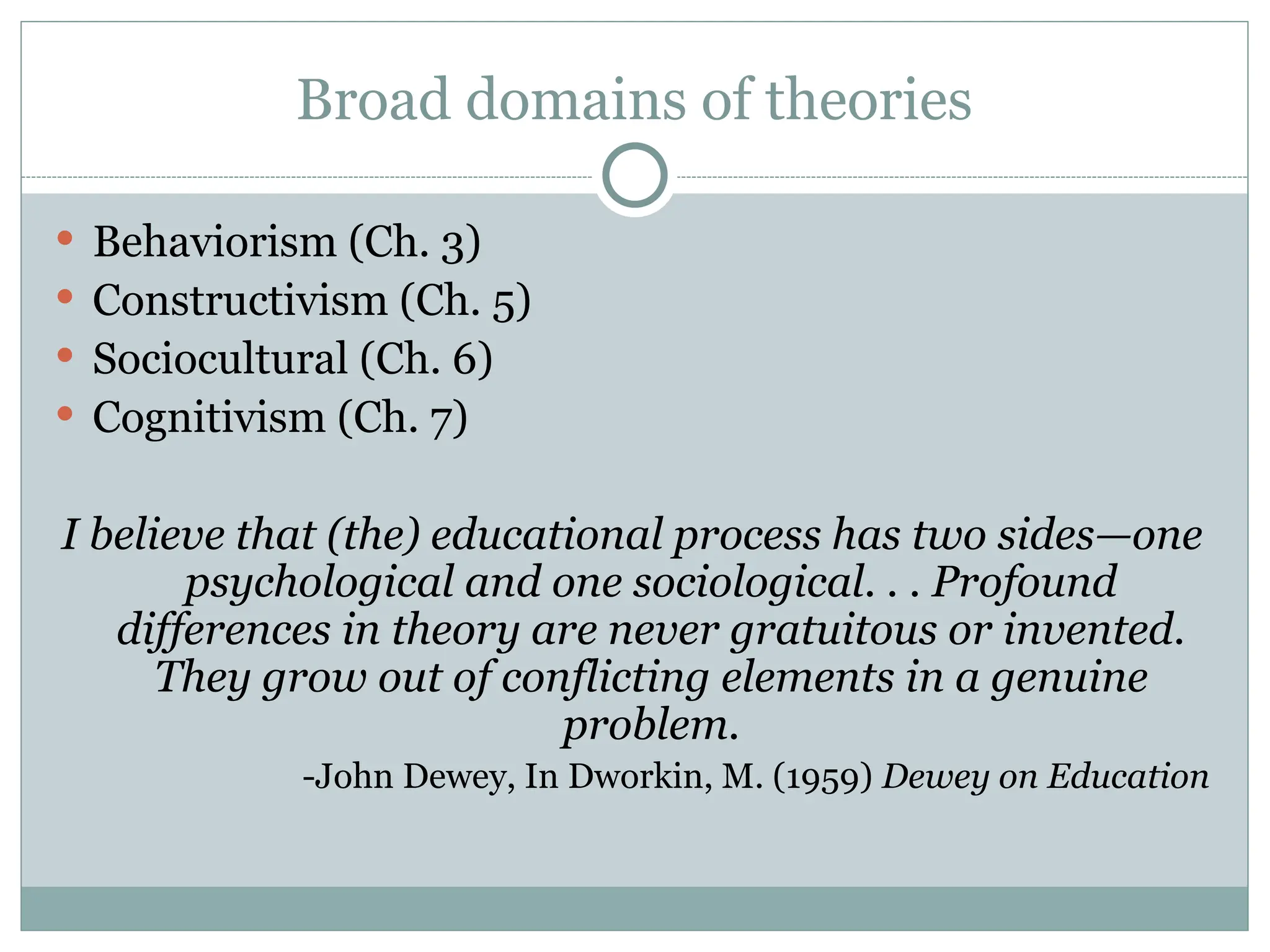 Broad domains of theories
 Behaviorism (Ch. 3)
 Constructivism (Ch. 5)
 Sociocultural (Ch. 6)
 Cognitivism (Ch. 7)
I believe that (the) educational process has two sides—one
psychological and one sociological. . . Profound
differences in theory are never gratuitous or invented.
They grow out of conflicting elements in a genuine
problem.
-John Dewey, In Dworkin, M. (1959) Dewey on Education
 
