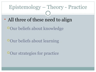 Epistemology – Theory - Practice
 All three of these need to align
Our beliefs about knowledge
Our beliefs about learning
Our strategies for practice
 