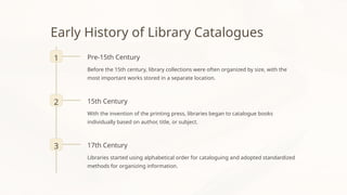 Early History of Library Catalogues
1 Pre-15th Century
Before the 15th century, library collections were often organized by size, with the
most important works stored in a separate location.
2 15th Century
With the invention of the printing press, libraries began to catalogue books
individually based on author, title, or subject.
3 17th Century
Libraries started using alphabetical order for cataloguing and adopted standardized
methods for organizing information.
 