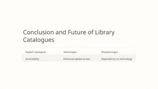 Conclusion and Future of Library
Catalogues
Digital Catalogues Advantages Disadvantages
Accessibility Enhanced global access Dependency on technology
 