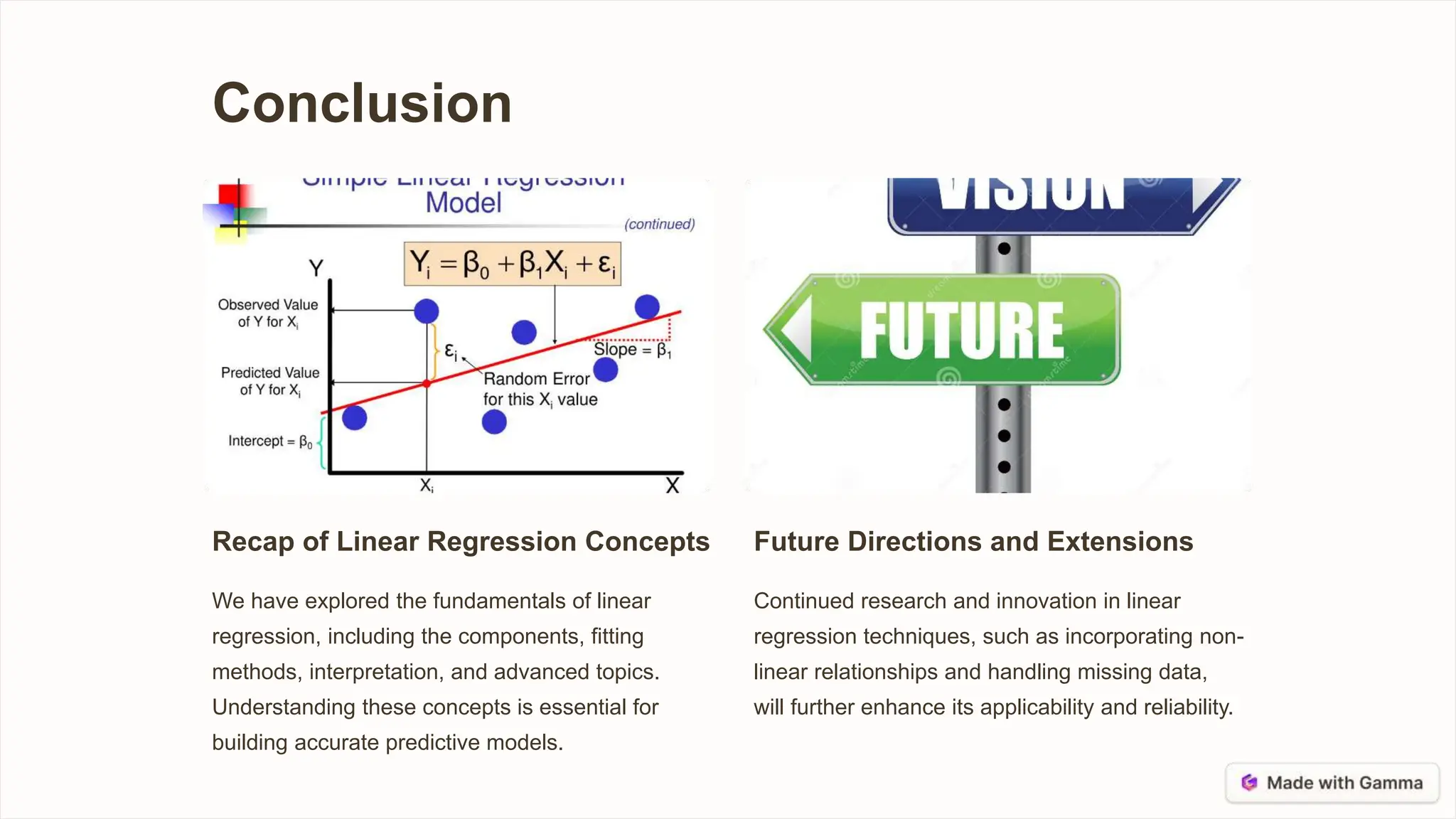 Conclusion
Recap of Linear Regression Concepts
We have explored the fundamentals of linear
regression, including the components, fitting
methods, interpretation, and advanced topics.
Understanding these concepts is essential for
building accurate predictive models.
Future Directions and Extensions
Continued research and innovation in linear
regression techniques, such as incorporating non-
linear relationships and handling missing data,
will further enhance its applicability and reliability.
 