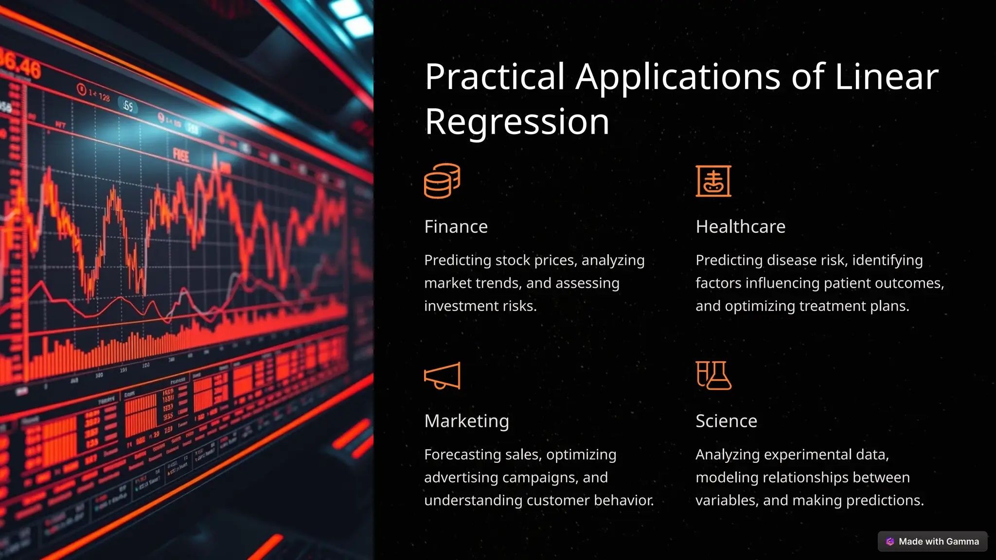 Practical Applications of Linear
Regression
Finance
Predicting stock prices, analyzing
market trends, and assessing
investment risks.
Healthcare
Predicting disease risk, identifying
factors influencing patient outcomes,
and optimizing treatment plans.
Marketing
Forecasting sales, optimizing
advertising campaigns, and
understanding customer behavior.
Science
Analyzing experimental data,
modeling relationships between
variables, and making predictions.
 