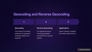 Geocoding and Reverse Geocoding
Geocoding
The process of converting
addresses into geographic
coordinates (latitude and
longitude).
Reverse Geocoding
The opposite process of
converting geographic
coordinates into a physical
address.
Applications
Used in mapping, navigation,
and location-based services.
 