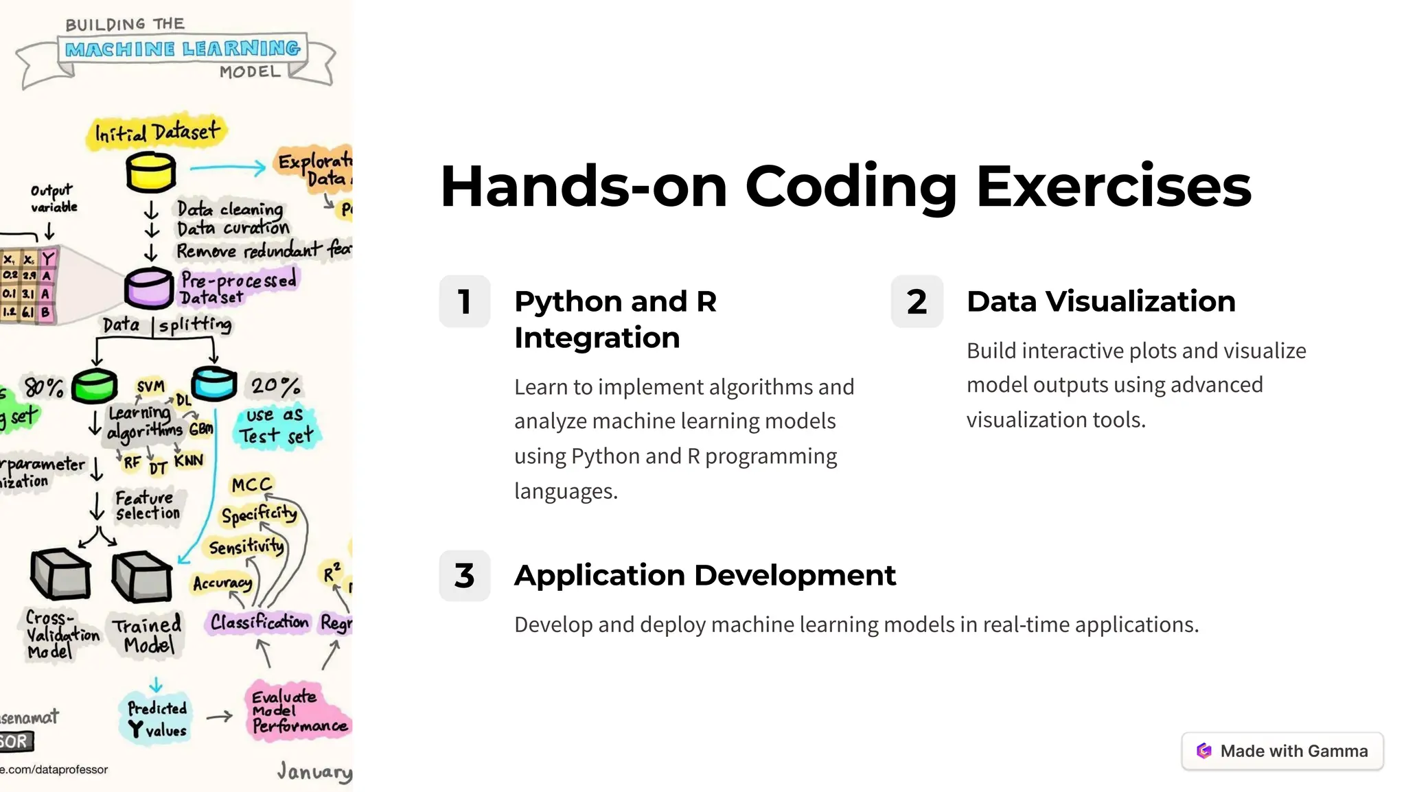 Hands-on Coding Exercises
1 Python and R
Integration
Learn to implement algorithms and
analyze machine learning models
using Python and R programming
languages.
2 Data Visualization
Build interactive plots and visualize
model outputs using advanced
visualization tools.
3 Application Development
Develop and deploy machine learning models in real-time applications.
 