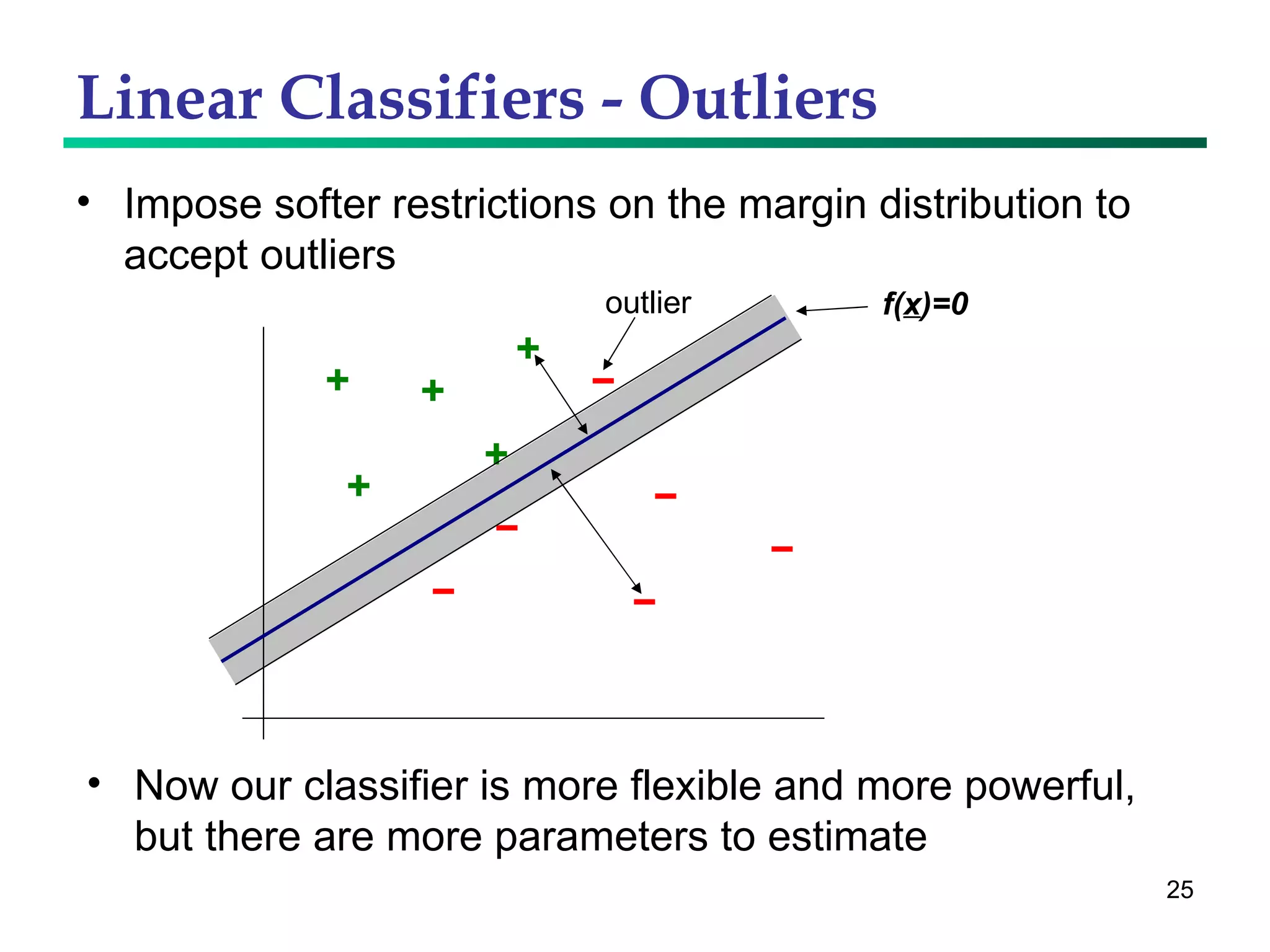 Linear Classifiers - Outliers Impose softer restrictions on the margin distribution to accept outliers f( x )=0 Now our classifier is more flexible and more powerful, but there are more parameters to estimate outlier 