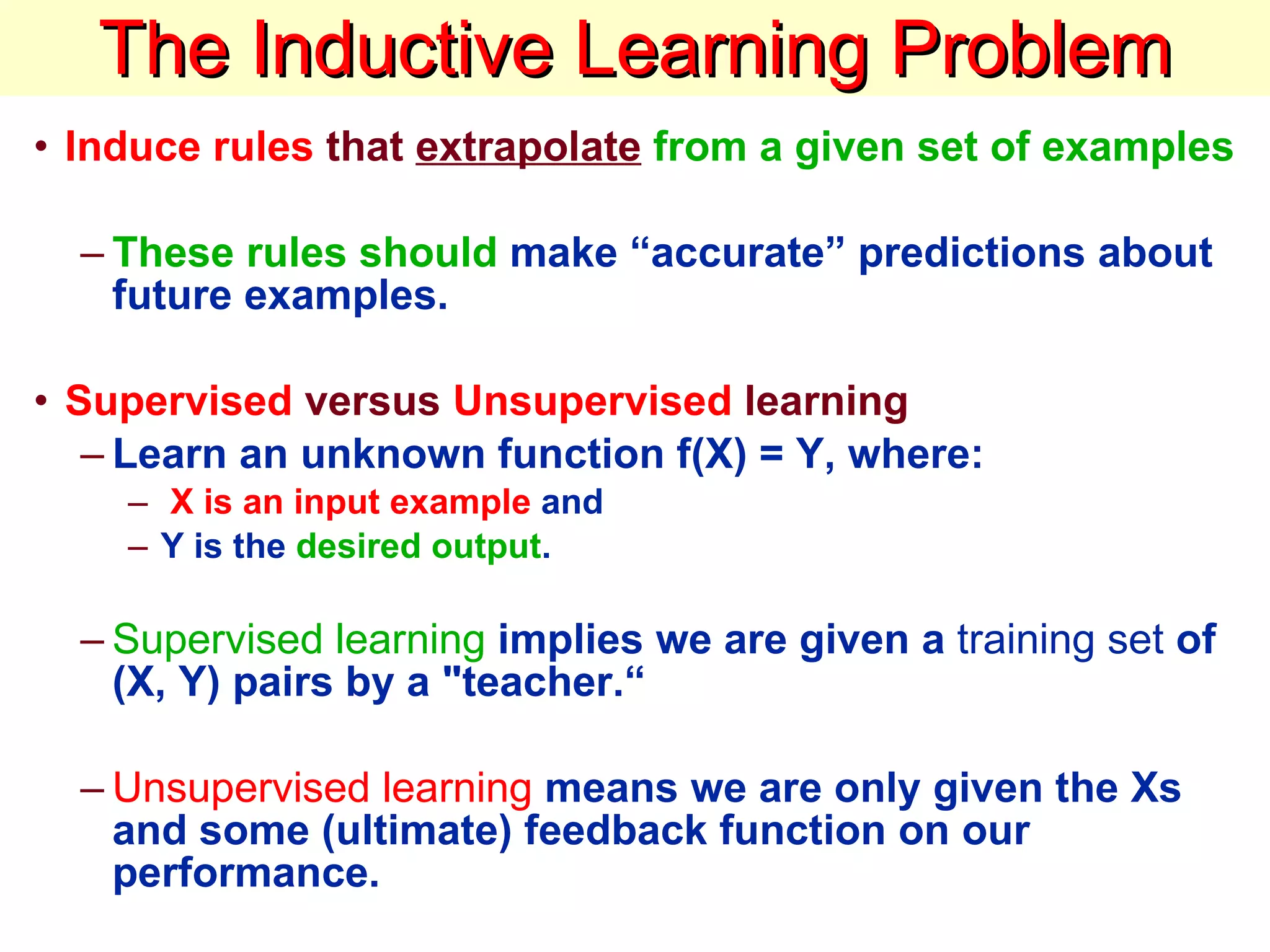The Inductive Learning Problem Induce rules  that  extrapolate   from a given set of examples These rules should  make “accurate” predictions about future examples.  Supervised  versus  Unsupervised  learning Learn an unknown function f(X) = Y, where: X is an input example  and  Y is the  desired output .  Supervised learning  implies we are given a  training set  of (X, Y) pairs by a &quot;teacher.“ Unsupervised learning  means we are only given the Xs and some (ultimate) feedback function on our performance.  