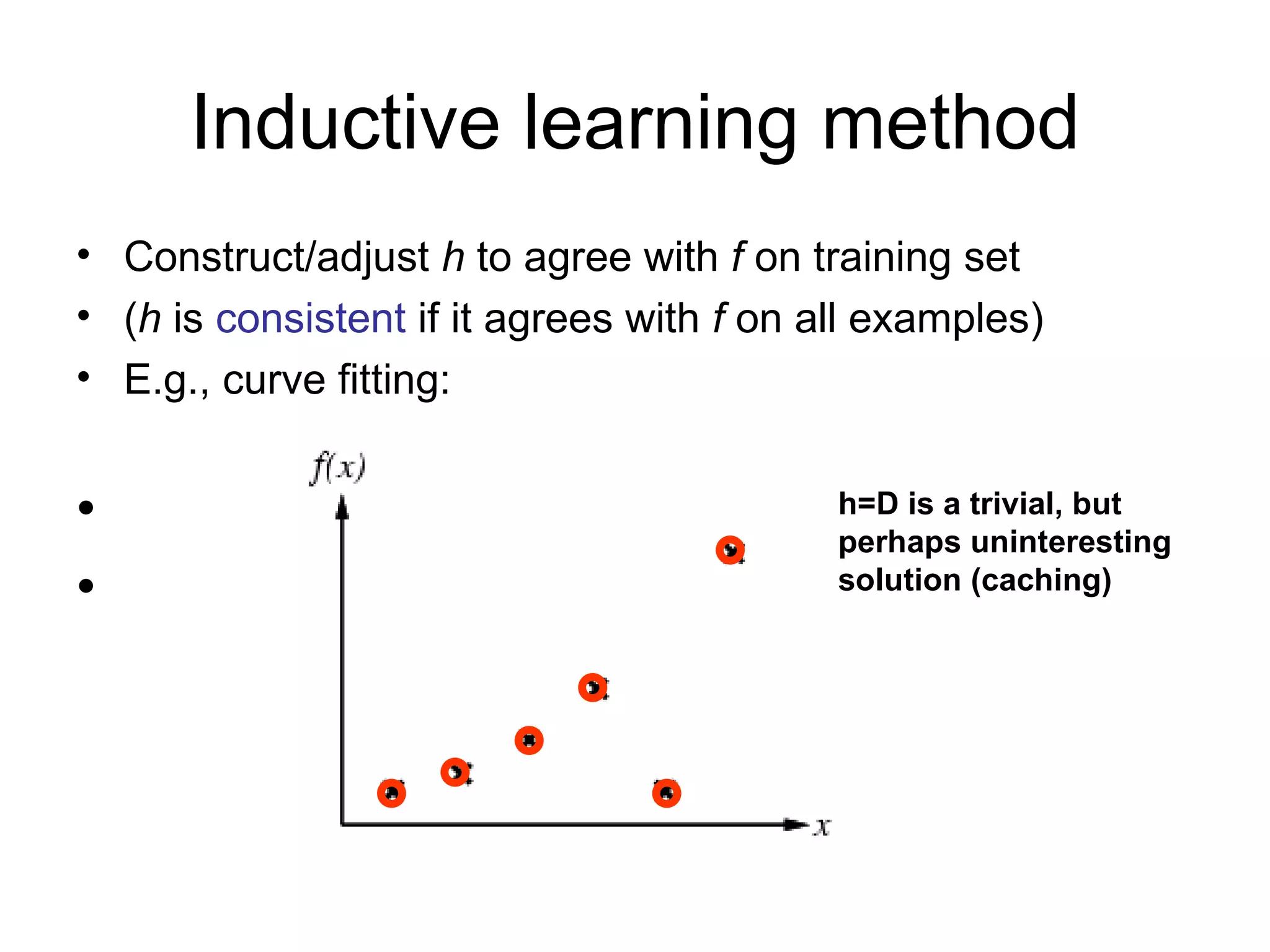 Inductive learning method Construct/adjust  h  to agree with  f  on training set ( h  is  consistent  if it agrees with  f  on all examples) E.g., curve fitting: h=D is a trivial, but perhaps uninteresting solution (caching) 