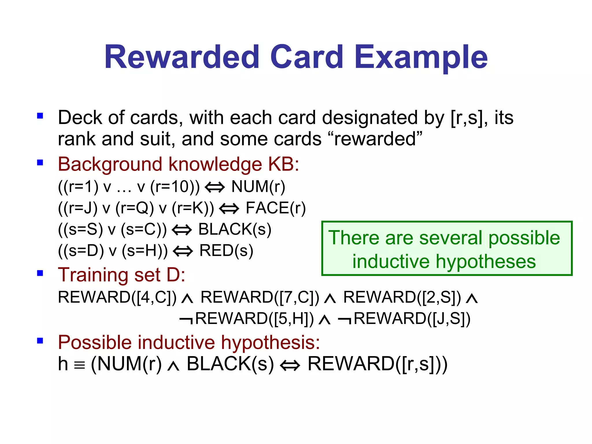 Rewarded Card Example Deck of cards, with each card designated by [r,s], its rank and suit, and some cards “rewarded” Background knowledge KB:   ((r=1) v … v (r=10))    NUM(r) ((r=J) v (r=Q) v (r=K))    FACE(r) ((s=S) v (s=C))    BLACK(s) ((s=D) v (s=H))    RED(s) Training set D: REWARD([4,C])     REWARD([7,C])     REWARD([2,S])        REWARD([5,H])      REWARD([J,S]) Possible inductive hypothesis: h    (NUM(r)    BLACK(s)    REWARD([r,s]))   There are several possible  inductive hypotheses  