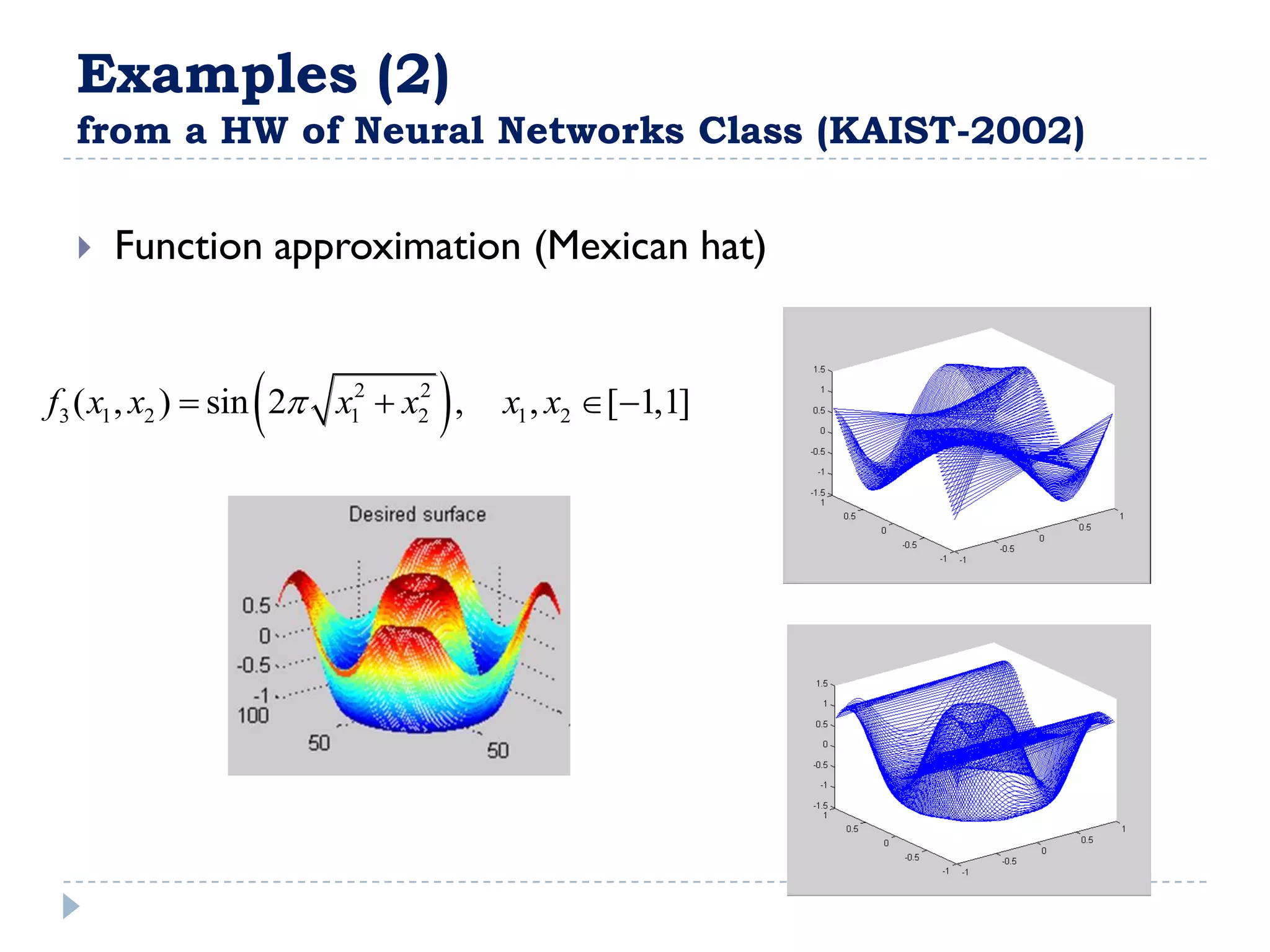Examples (2)
  from a HW of Neural Networks Class (KAIST-2002)

     Function approximation (Mexican hat)


                               
f3 ( x1 , x2 )  sin 2 x12  x2 ,
                               2
                                     x1 , x2 [1,1]
 