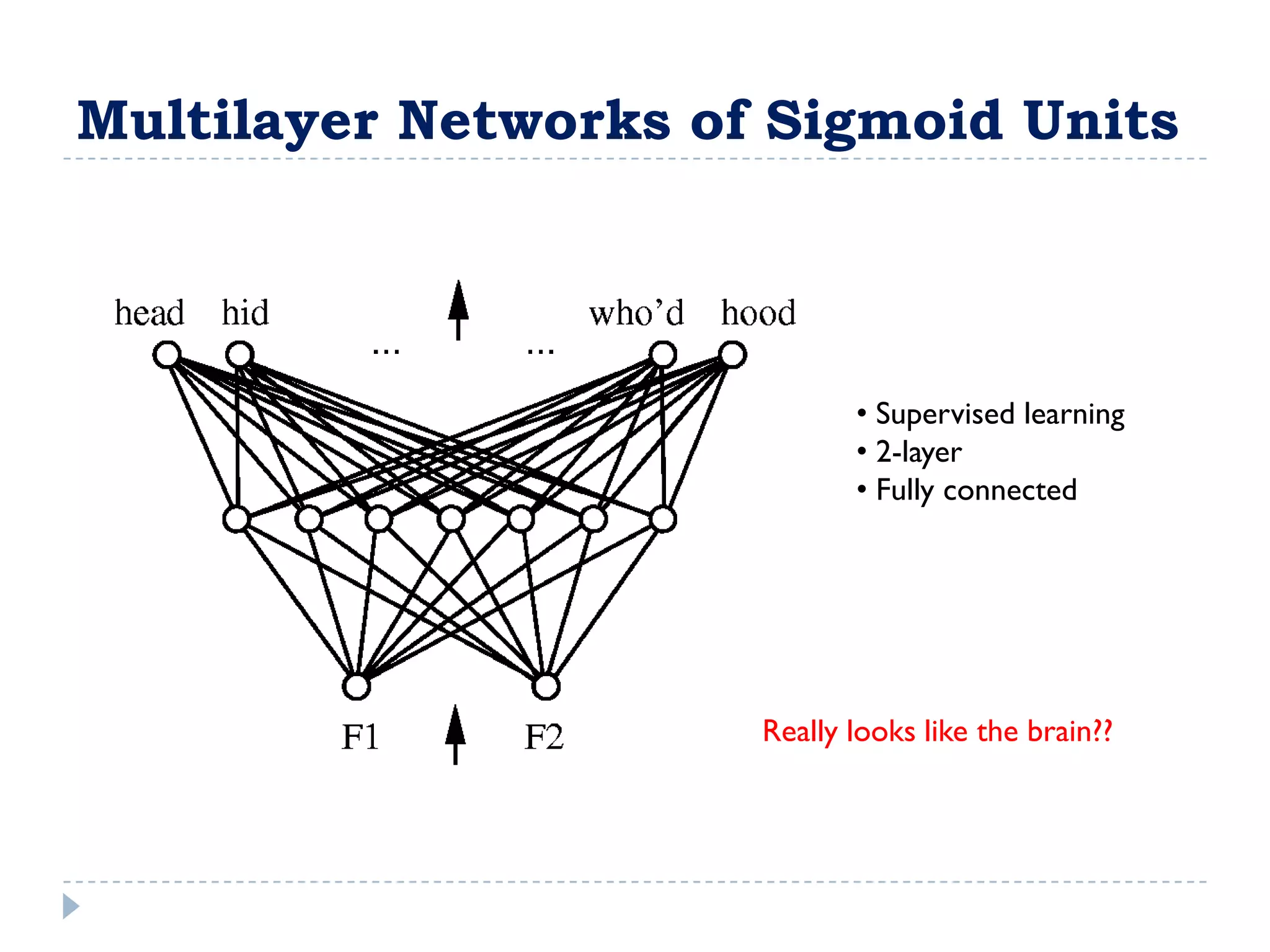 Multilayer Networks of Sigmoid Units




                             • Supervised learning
                             • 2-layer
                             • Fully connected




                      Really looks like the brain??
 