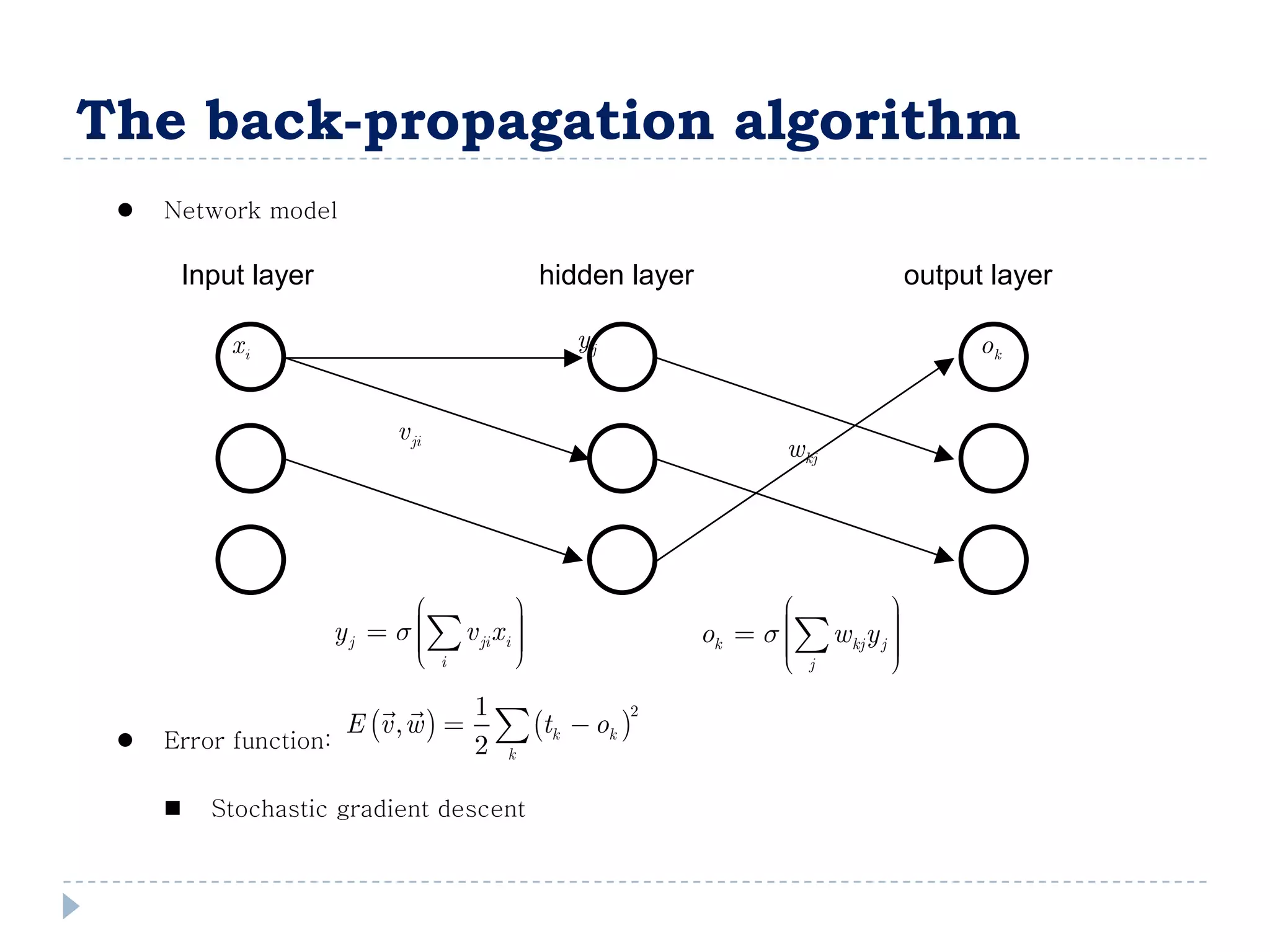 The back-propagation algorithm
  Network model

      Input layer                           hidden layer                      output layer

          xi                                  yj                                    ok


                           v ji
                                                                 wkj




                                                                       
                    y j  s  v ji x i 
                                                                 w y 
                                                           ok  s  kj j 
                                                                          
                             i
                                       
                                                                 
                                                                         
                                                                  j      
                              1
                    E v , w    tk  ok 
                                             2

  Error function:             2 k

      Stochastic gradient descent
 