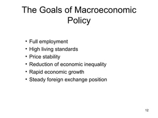 The Goals of Macroeconomic Policy Full employment High living standards Price stability Reduction of economic inequality Rapid economic growth Steady foreign exchange position 