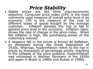 Price Stability Stable prices are the third macroeconomic objective. Consumer price index (CPI) is the most commonly used measure of overall price level in an economy. CPI is the measure of the cost of different types of goods bought by the average customer.  Inflation denotes the rise or fall in general price level in the economy.  Inflation rates, shows the rate of change in the price index.  When the inflation is high, the purchasing power of the customers reduces. A negative fall in the prices is known as deflation, as witnessed during the Great Depression of 1930s. Whereas, hyperinflation refers to the rise in prices by thousands of percentage points, resulting in the collapse of the price systems. Hyperinflation was witnessed in Weimer Germany in the 1920s and again in Brazil in 1980s and Russia in 1990s . 