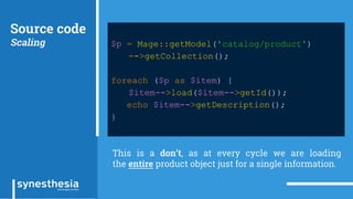 Source code
Scaling $p = Mage::getModel('catalog/product')
->getCollection();
foreach ($p as $item) {
$item->load($item->getId());
echo $item->getDescription();
}
This is a don’t, as at every cycle we are loading
the entire product object just for a single information.
 