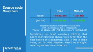 Source code
Native funcs
Benchmark made on a Magento 1.9 installation
with official sample data (~580 products)
Vagrant - OS Ubuntu 14.04 - PHP 5.6.12 with APC - MySQL 5.6.24
Time Memory
count() ~ 0.0363 sec ~ 3.14 MB
getSize() ~ 0.0019 sec ~ 0.0016 MB
Sometimes we found ourselves thinking that
native PHP functions should work better than the
ones offered by a framework. This is true in some
cases, but not with Magento. Here’s an example:
counting elements in a collection.
 