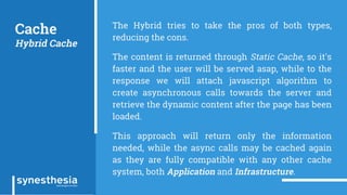 Cache
Hybrid Cache
The Hybrid tries to take the pros of both types,
reducing the cons.
The content is returned through Static Cache, so it's
faster and the user will be served asap, while to the
response we will attach javascript algorithm to
create asynchronous calls towards the server and
retrieve the dynamic content after the page has been
loaded.
This approach will return only the information
needed, while the async calls may be cached again
as they are fully compatible with any other cache
system, both Application and Infrastructure.
 