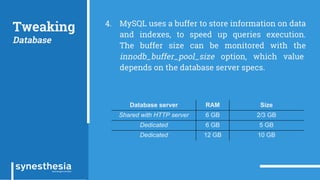 Tweaking
Database
4. MySQL uses a buffer to store information on data
and indexes, to speed up queries execution.
The buffer size can be monitored with the
innodb_buffer_pool_size option, which value
depends on the database server specs.
Database server RAM Size
Shared with HTTP server 6 GB 2/3 GB
Dedicated 6 GB 5 GB
Dedicated 12 GB 10 GB
 