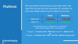 Platform We can achieve interesting results also with code
from #19, during the save operation of a product. In
this case, Mage cache was not taken in account.
Time Memory
PHP 5.6* ~ 0.643 sec ~ 7.576 MB
PHP 7** ~ 0.310 sec ~ 3.465 MB
Benchmark made on a Magento 1.9 installation
with official sample data (~580 products)
*Vagrant - OS Ubuntu 14.04 - PHP 5.6.12 with APC - MySQL 5.6.24
vs.
**Vagrant - OS Ubuntu 14.04 - PHP 7.0.0 FPM - MySQL Percona 5.6.27
 