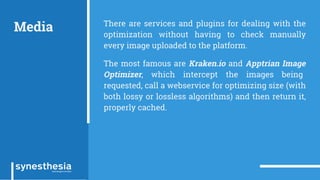 Media There are services and plugins for dealing with the
optimization without having to check manually
every image uploaded to the platform.
The most famous are Kraken.io and Apptrian Image
Optimizer, which intercept the images being
requested, call a webservice for optimizing size (with
both lossy or lossless algorithms) and then return it,
properly cached.
 