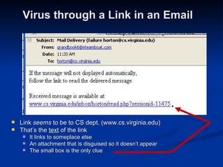 Virus through a Link in an Email Link  seems  to be to CS dept. (www.cs.virginia.edu) That’s the  text  of the link It links to someplace else An attachment that is disguised so it doesn’t appear The small box is the only clue 