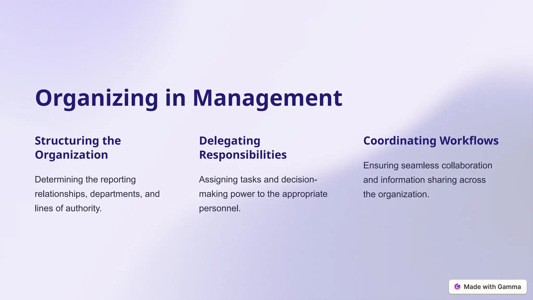 Organizing in Management
Structuring the
Organization
Determining the reporting
relationships, departments, and
lines of authority.
Delegating
Responsibilities
Assigning tasks and decision-
making power to the appropriate
personnel.
Coordinating Workflows
Ensuring seamless collaboration
and information sharing across
the organization.
 