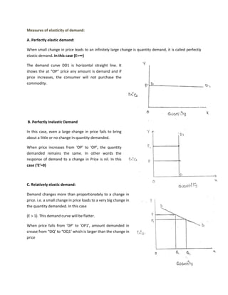 Measures of elasticity of demand:
A. Perfectly elastic demand:
When small change in price leads to an infinitely large change is quantity demand, it is called perfectly
elastic demand. In this case (E=∞)
The demand curve DD1 is horizontal straight line. It
shows the at “OP” price any amount is demand and if
price increases, the consumer will not purchase the
commodity.
B. Perfectly Inelastic Demand
In this case, even a large change in price fails to bring
about a little or no change in quantity demanded.
When price increases from ‘OP’ to ‘OP’, the quantity
demanded remains the same. In other words the
response of demand to a change in Price is nil. In this
case (‘E’=0)
C. Relatively elastic demand:
Demand changes more than proportionately to a change in
price. i.e. a small change in price loads to a very big change in
the quantity demanded. In this case
(E > 1). This demand curve will be flatter.
When price falls from ‘OP’ to ‘OP1’, amount demanded in
crease from “OQ’ to “OQ1’ which is larger than the change in
price
 