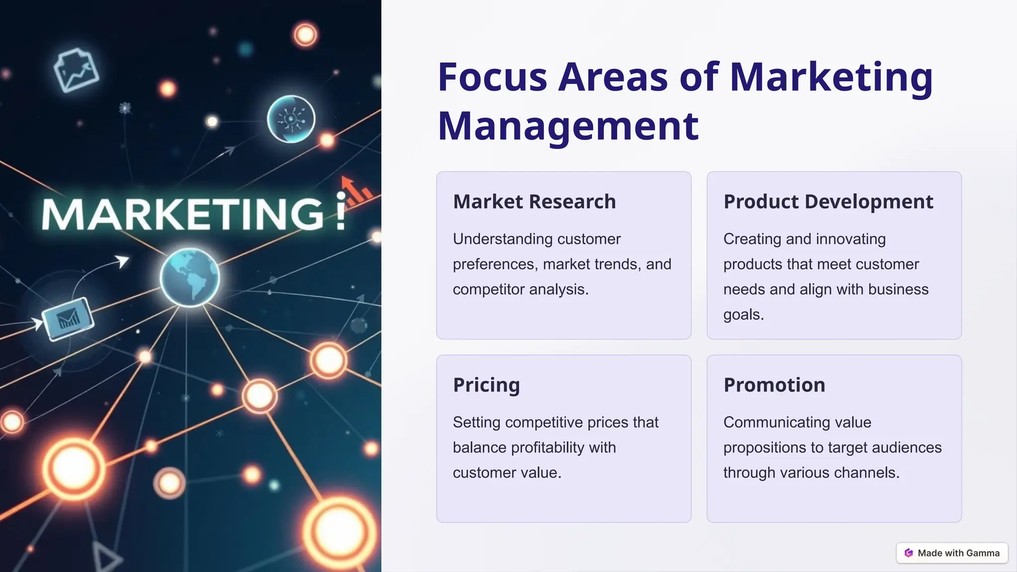 Focus Areas of Marketing
Management
Market Research
Understanding customer
preferences, market trends, and
competitor analysis.
Product Development
Creating and innovating
products that meet customer
needs and align with business
goals.
Pricing
Setting competitive prices that
balance profitability with
customer value.
Promotion
Communicating value
propositions to target audiences
through various channels.
 