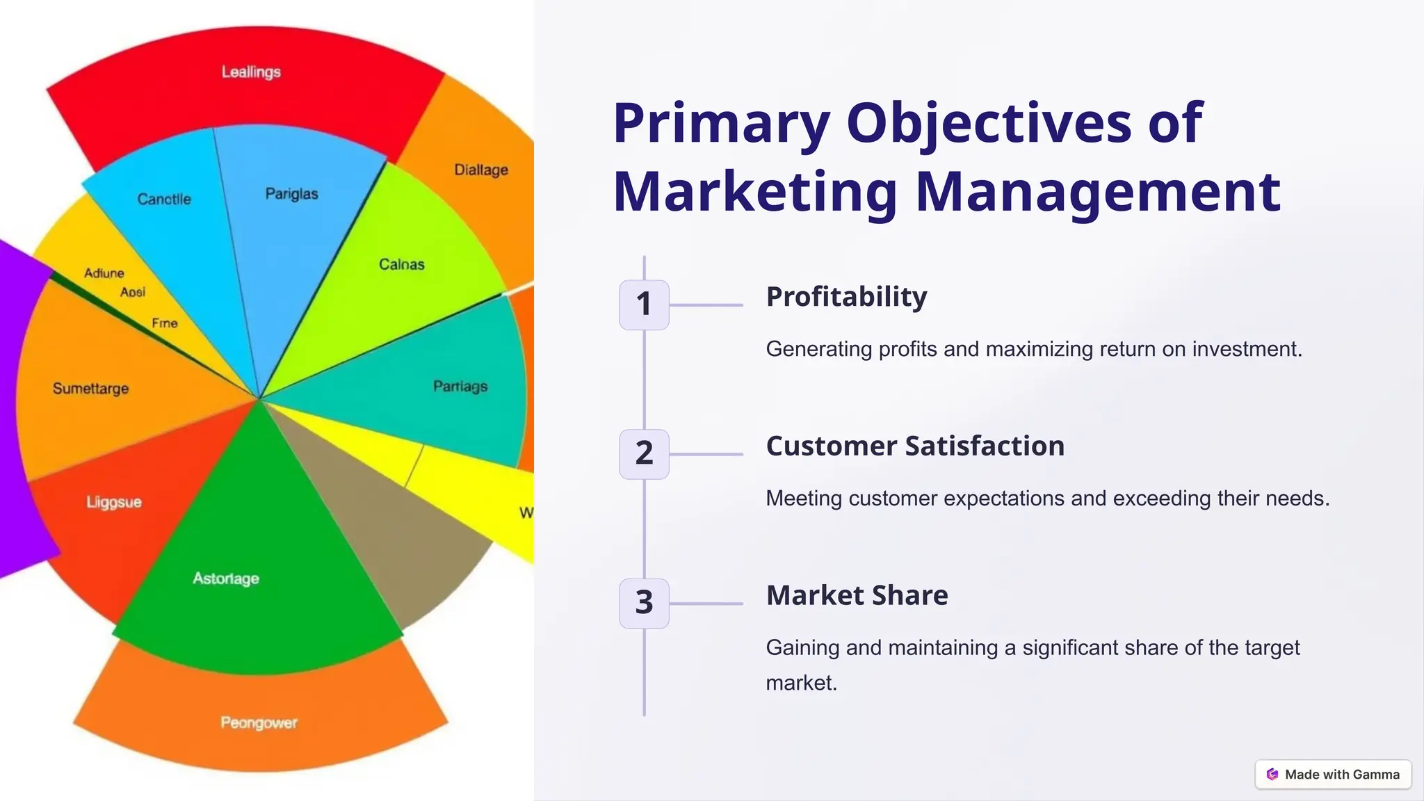 Primary Objectives of
Marketing Management
1 Profitability
Generating profits and maximizing return on investment.
2 Customer Satisfaction
Meeting customer expectations and exceeding their needs.
3 Market Share
Gaining and maintaining a significant share of the target
market.
 
