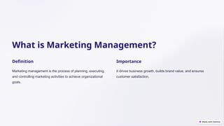 What is Marketing Management?
Definition
Marketing management is the process of planning, executing,
and controlling marketing activities to achieve organizational
goals.
Importance
It drives business growth, builds brand value, and ensures
customer satisfaction.
 
